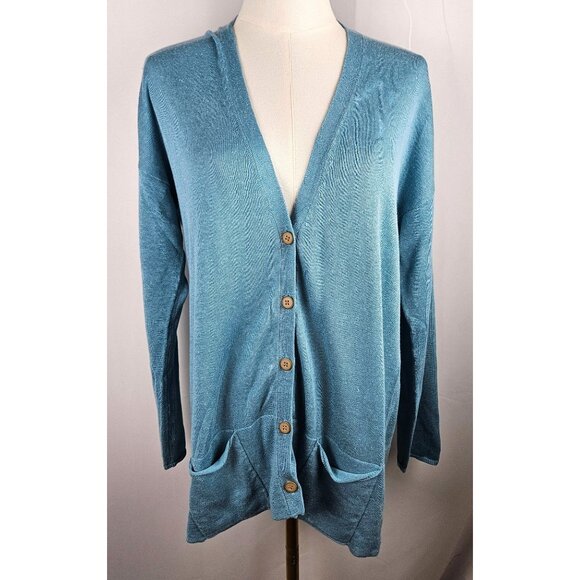 J. Jill Teal Cardigan Medium Petite Linen Cotton Blend Long Sleeve Pockets - Picture 1 of 9